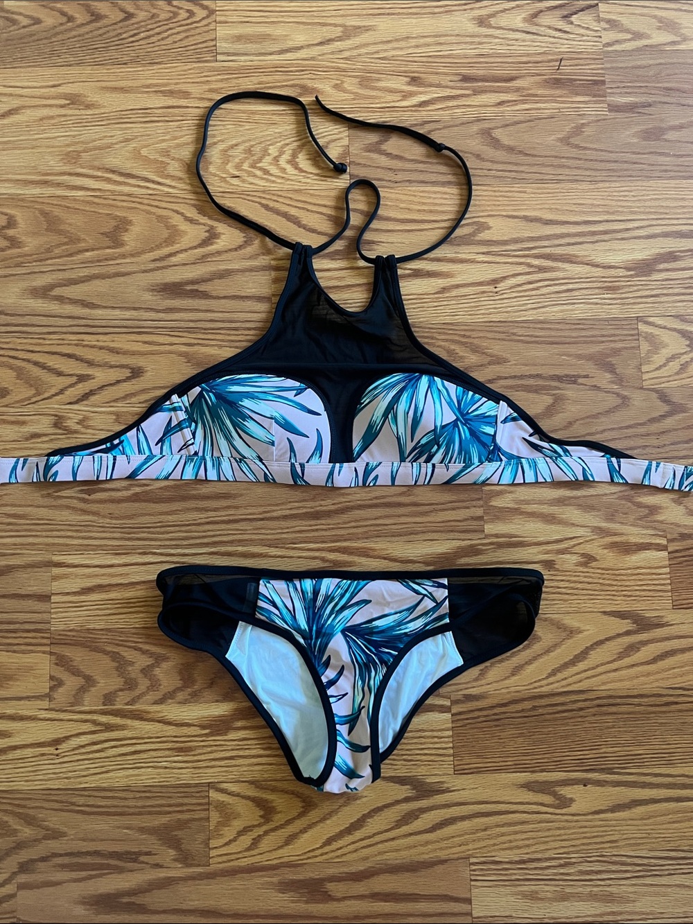 PINK Victoria's Secret Black & Teal Palm Print High-Neck Bikini